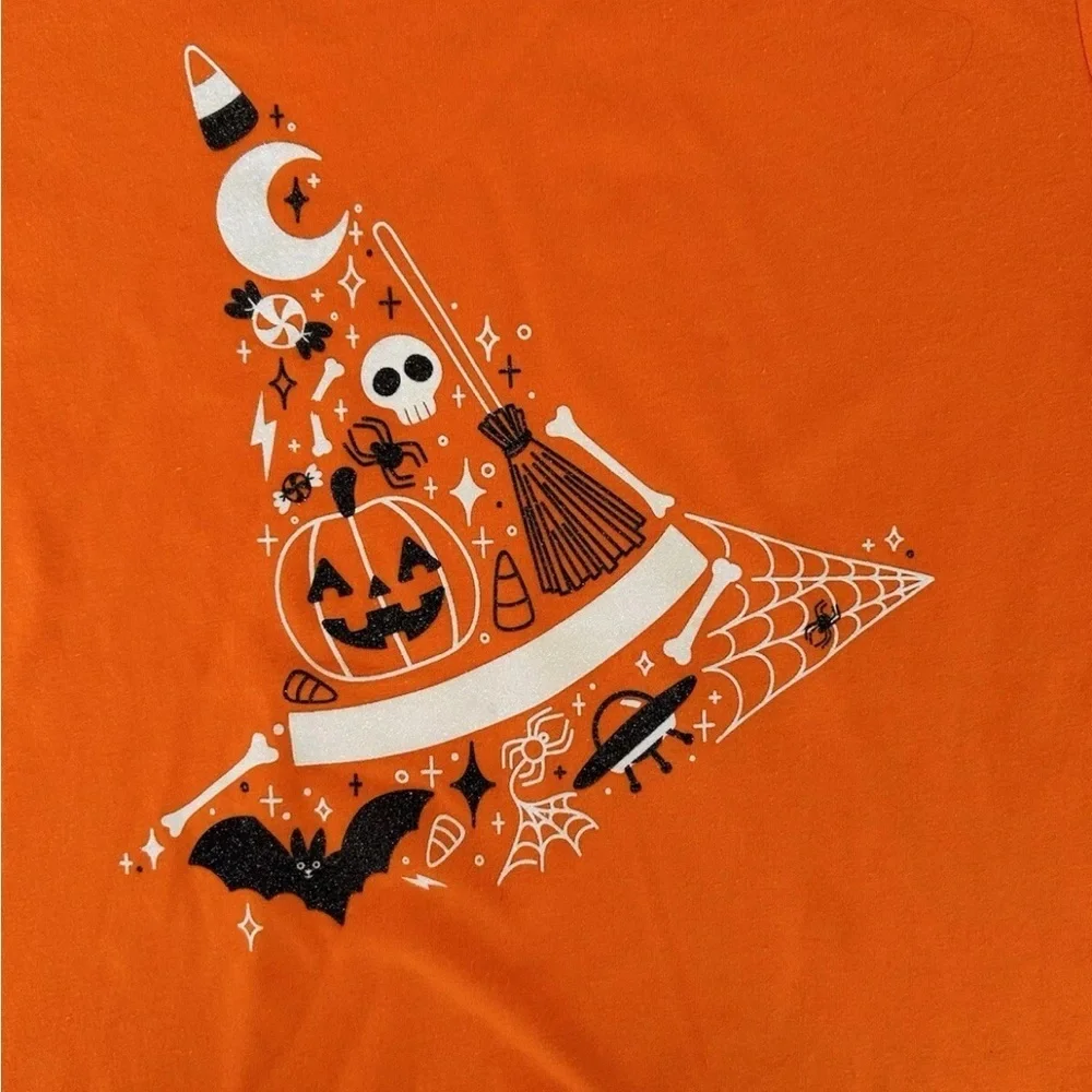 NEW Cat & Jack Girls Orange Short Sleeve Graphic Tee Witch Pumpkin SIZE XL 14-16